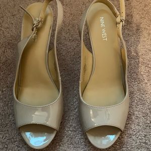 Nine West peep toe, sling back nude leather heels
